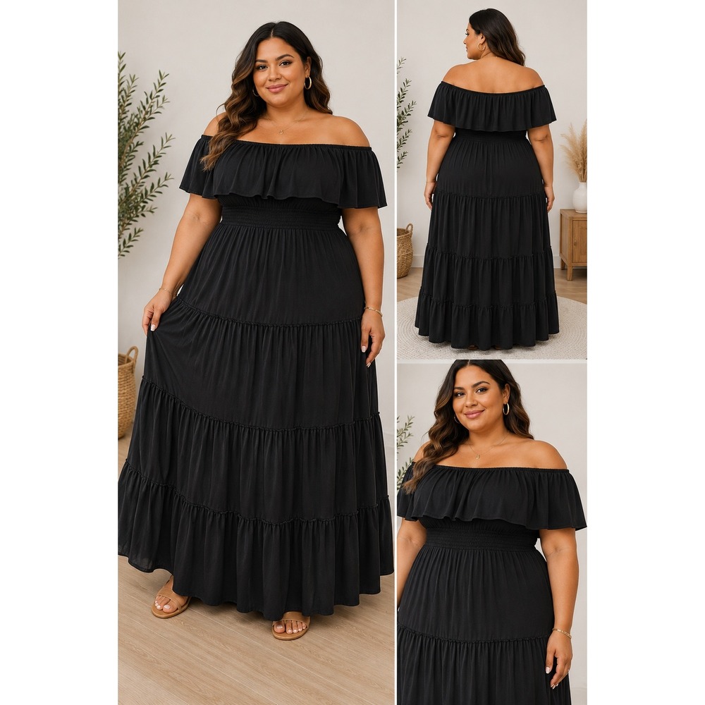 Pure Energy Maxi Dress Womens 1X Black Off Shoulder Tiered Smocked Boho